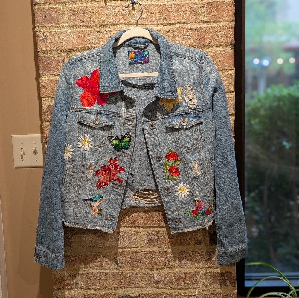 Eye Full Of Stars Embroidered Denim Jacket with Floral, Bird & Butterfly Design